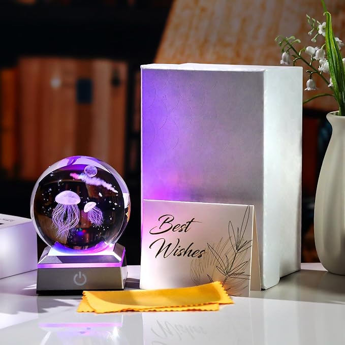 3D Engraved Jellyfish Crystal Ball 3.15‘’ with LED Light Colorful Base - Jellyfish with Star Moon Glass Sphere Lamp Gifts for Women Home Decor