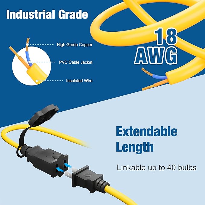 50FT Construction String Lights, IP65 Waterproof ETL Certified LED String Work Lights, 5000K Daylight 18AWG Wire Linkable Temporary Construction Lighting for Jobsite with 5 Bulbs & Hooks