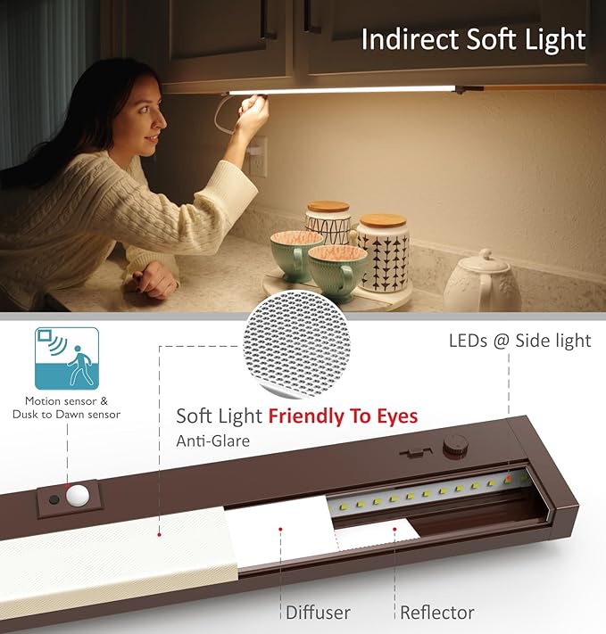 LED Under Cabinet Lighting Motion Sensored Hardwired with Built-in Dimmer, 24 Inch 12W Dimmable 5 Color 2700/3000/3500/4000/5000K, Linkable Eyes Care for Kitchen, Counter, ETL Listed, Bronze