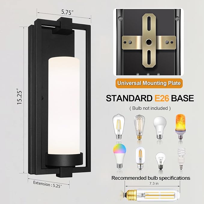 ALVIME Modern Black Outdoor Wall Light Fixtures, 15 Inch 2 Pack Outdoor Wall Sconce for House, Waterproof Exterior Lighting Fixtures for Garage, Doorway, Porch, Patio, E26 Base&Etched Opal Glass