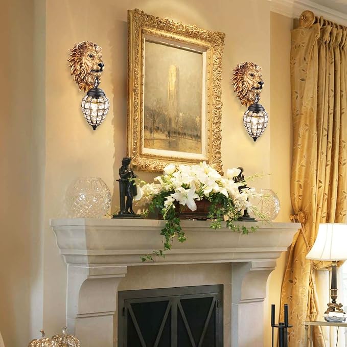 Lion Head Wall Decor Sconces Wall Lighting Retro Baroque Crystal Sconce Gold Luxury Wall Lights Fixtures for Living Room Bedroom Bedside Stairs Bathroom Mirror Headlights Lamp, E26 (B)