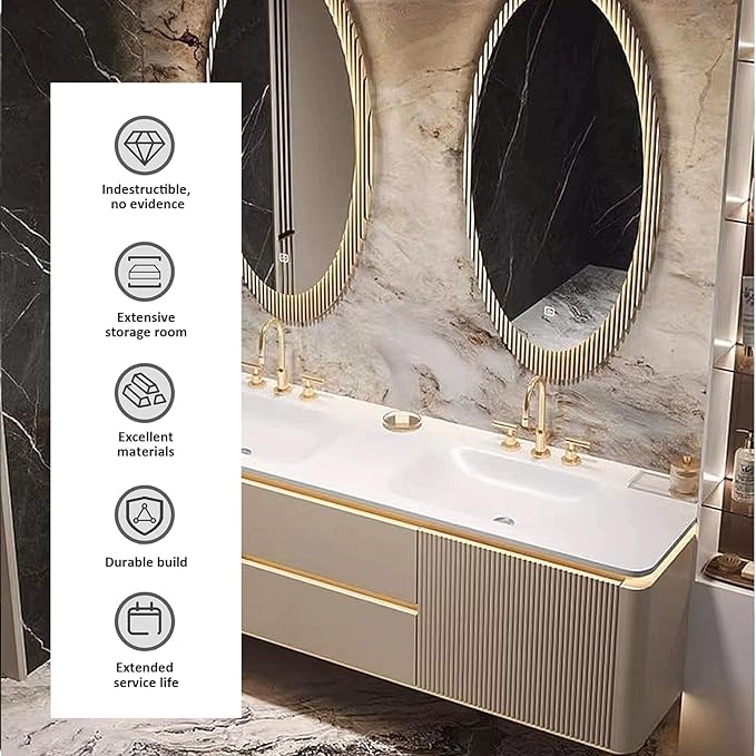 Double Sink Bathroom Vanity - 2 Smart LED Defog Mirror | Ambient Lighting & Striped Door Panel & Multilayer Wood Board, Floating Freestanding Bathroom Vanity (64'')