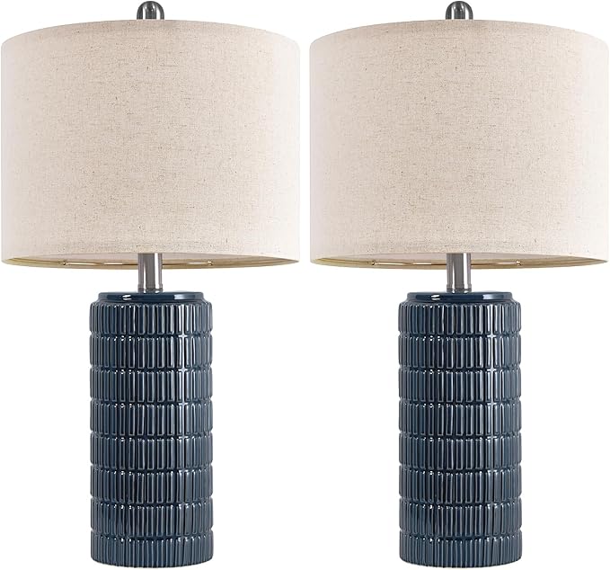 PoKat 23" Blue Table Lamps, Farmhouse Bedside Lamps for Bedroom Set of 2, Ceramic End Table Lamps for Living Room, Traditional Nightstand Desk Lamps, Medium