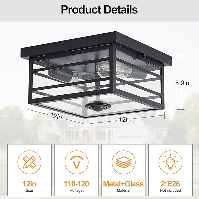 Upgraded Outdoor Ceiling Lights with Motion Sensor and Remote, Flush Mount Ceiling Light Fixture with 4 Lighting Modes, Squares Black with Clear Glass for Porch Patio Entryway Garage Farmhouse