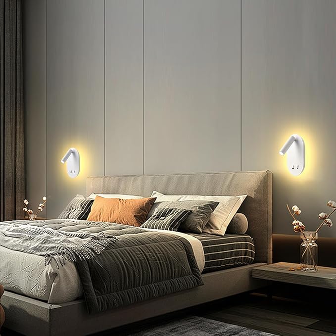 LED Wall Lamp Wall Mounted Reading Lights, Plug in Wall Sconces Set of 2, Multifunctional Wall Light with USB Type C Ports, Adjustable Headboard Spotlight 3W Book Light and 9W Night Light (White)