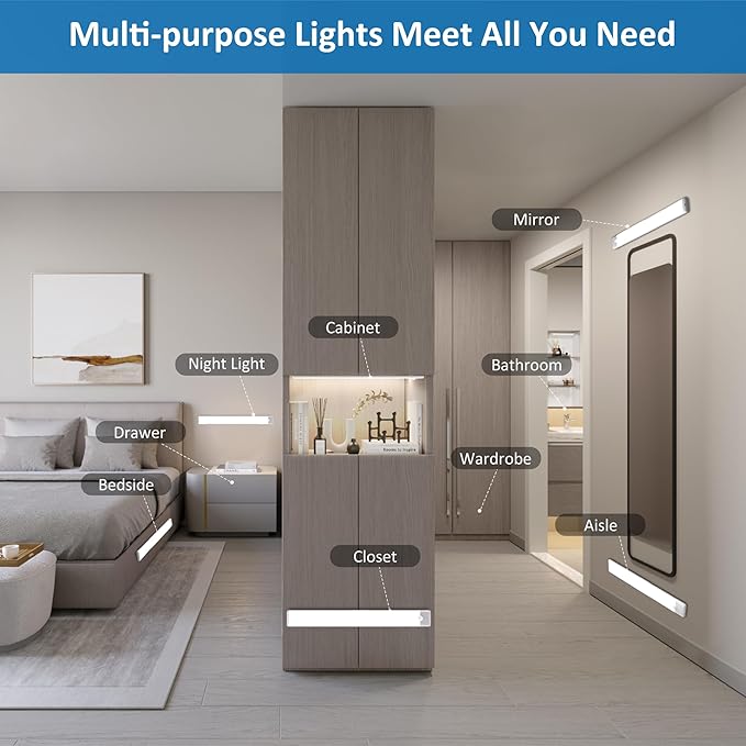 70-LED Motion Sensor Under Cabinet Lights, Magnetic Rechargeable Under Counter Closet Lighting, Wireless Light Bar Stick-On, 2-Pack, Cool White