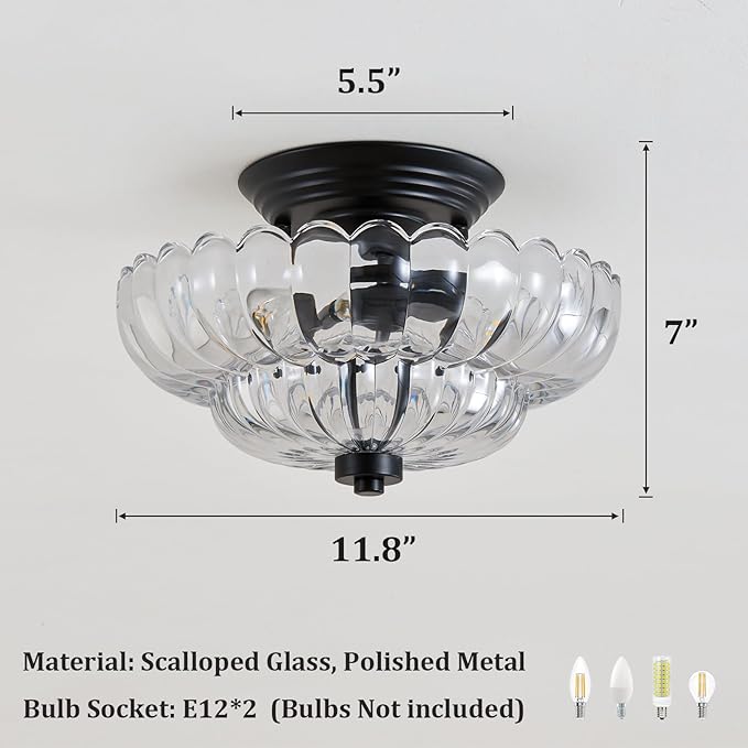 Modern Glass Ceiling Light Fixture: Vintage Matte Black Semi Flush Mount Close to Ceiling Light Fixtures - Art Deco Scalloped Flower Mid Century Boob Lights for Entry Kitchen Hallway Bedroom Laundry