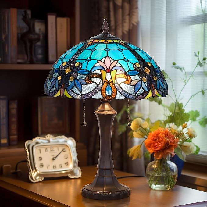 Tiffany Table Lamp,Stained Glass Table Light for Reading,Victorian Style 16 inch Large 2-Lights Antique Desk Lamp for Living Room Bedroom Study Office