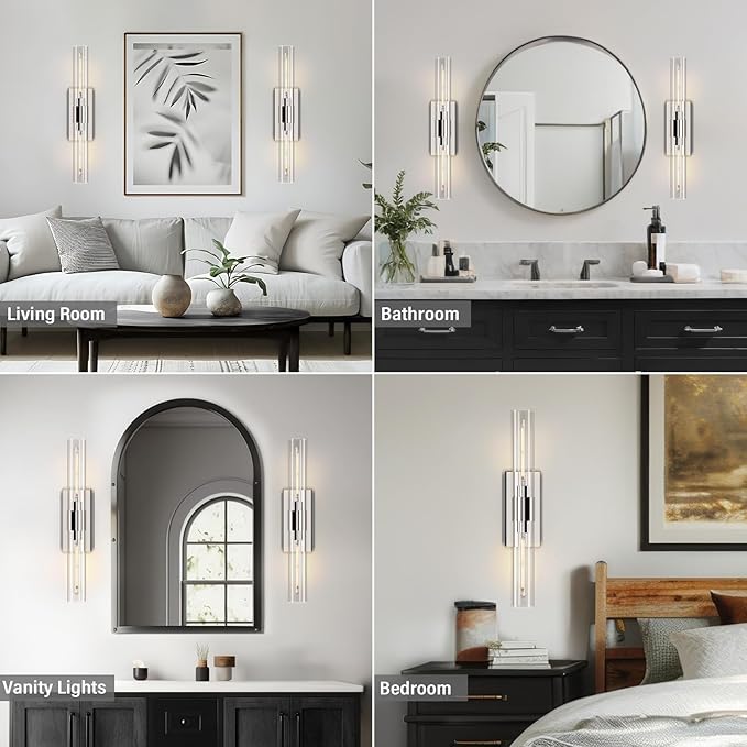 Wall Light Fixtures,Industrial Wall Sconces Clear Glass Wall Mount Sconce, Chrome Nickel Bathroom Vanity Light, Wall Lamp for Living Room Bedroom Hallway(Bulb Included)