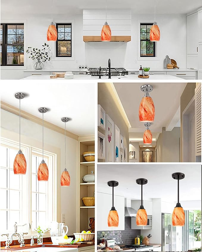 Hand Blown Art Glass Lamp Shade for Light Replacement Oval Glass Light cover Shade Height 7.5inch,Fitter 1.65inch,Max Diameter 4.7inch for mini pendant ceiling light fixture (Amber Red)