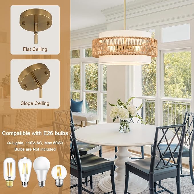 19.7" Boho Rattan Chandelier, 4-Light Large Rattan Pendant Light with Fabric Shade, Boho Drum Ceiling Hanging Light Fixture for Dining Room, Living Room, Kitchen Island, Hallway, Foyer