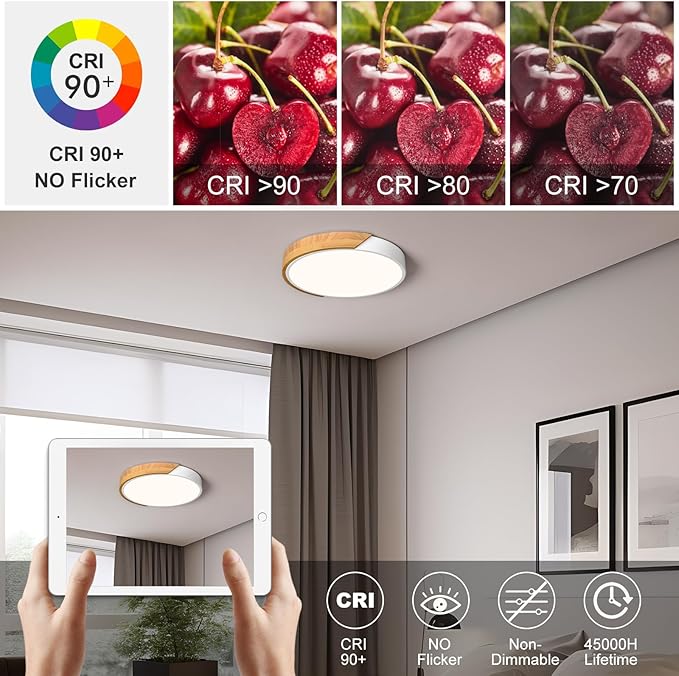 Vikaey Modern LED Ceiling Light, Minimalist Wood Style Flush Mount Ceiling Light Fixture, Circle Lighting Lamp with Acrylic Lampshade for Bedroom Living Room Dining Room Laundry (White, 11.8'')