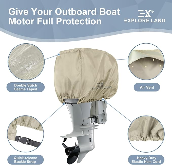 Explore Land Waterproof 600D Heavy Duty Outboard Motor Cover - Full Size Boat Engine Covers Fit for Motor 225-300 HP, Tan