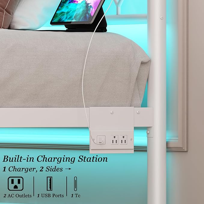 Twin Size Bed Frame with Headboard,White Metal Platform Bed Frame Twin Size with Charging Station & LED Lights,12-Inch Under Bed Storage,No Box Spring Needed,Noise Free,Easy to Assemble