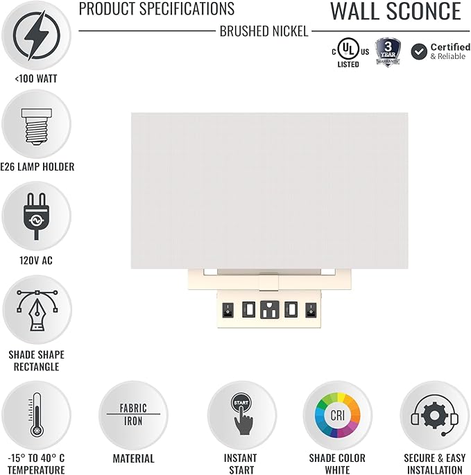LEDMyplace 2-Light LED Wall Sconce Fixture, Sconces for Living Room with USB Ports and Outlet, Brass Sconces, E26 Base, Brushed Nickel Finish, White Fabric Shade, Decorative Wall Lighting