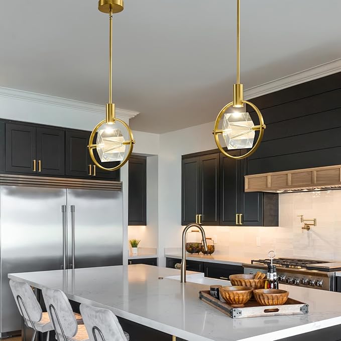 Modern Crystal Led Pendant Light: Gold Circular Pendant Lights Over Kitchen Island - Luxury Dimmable Crystals Hanging Lighting - Contemporary Pendants Light Fixtures for Bedroom Bathroom Living Room