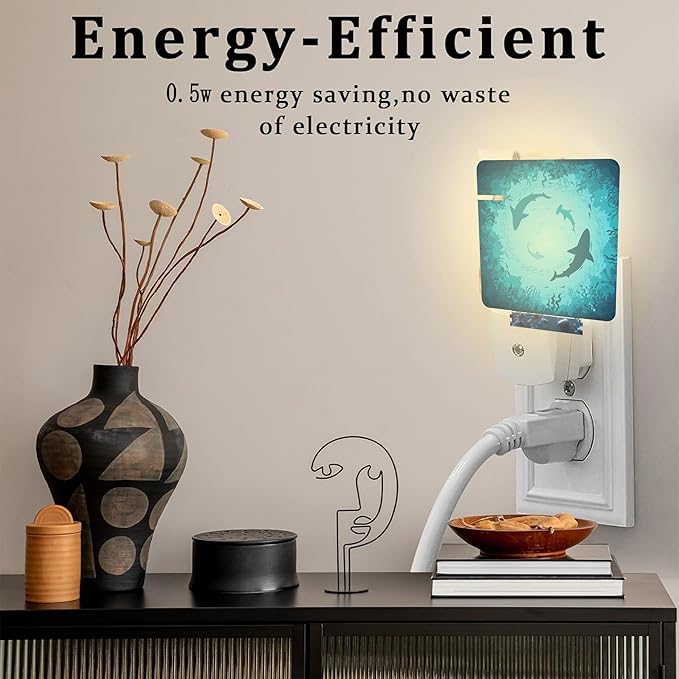 Blue Sharks and Corals Underwater World Fish Marine Lifes Dusk to Dawn Night Light Plug in, 0.5w Energy Saving Sleep Friendly NightLight for Kids Boys Girls Home Decor