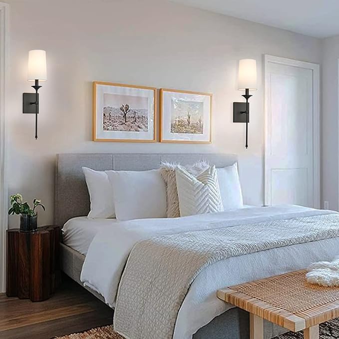TERLEENART Hardwired Wall Sconces Set of 2, Mid Century Candlestick Style Wall Mounted Sconce with Pure White Cylindrical Shade and Long Slim Stem,for Bathroom Bedroom Living Room