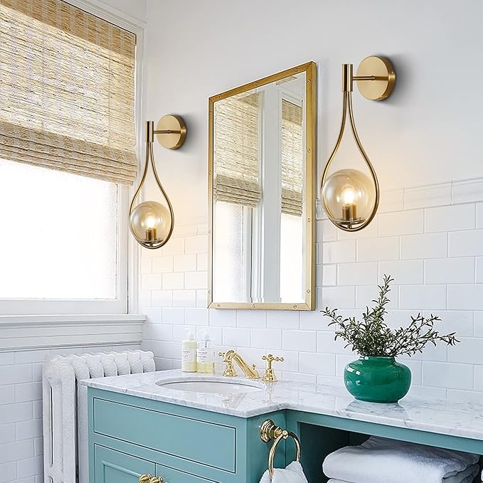 KCO Lighting Glass Globe Wall Mounted Sconce Gold Teardrop Wall Sconce Vintage Cordless Sconces Wall Lighting for Stairwell Bathroom Bedroom (Gold + Amber)