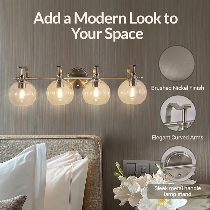 ANDY STAR Bathroom Light Fixtures, Brushed Nickel Vanity Light, 4 Light Bathroom Wall Lights, 30.5 Inch Modern Silver Wall Sconces, E26 Base Bulbs Required, UL Certified