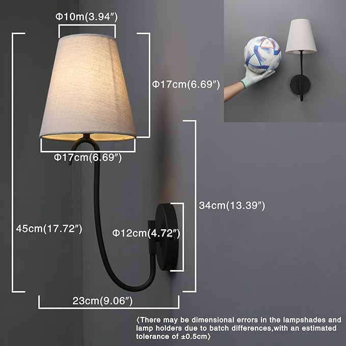 PERMO Matte Black Wall Sconce with Linen Fabric Shade E26 Hardwired Wall Light Goose-Neck Design Industrial Vintage Wall Lamp for Bedroom, Living Room, Hallway