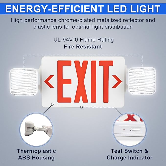 LED Combo Exit Sign Emergency Light, Commercial Emergency Exit Lights with Battery Backup, Double Sided and Adjustable Two LED Head, Fire Resistant UL 94V-0, AC 120/277V (4 Pack)