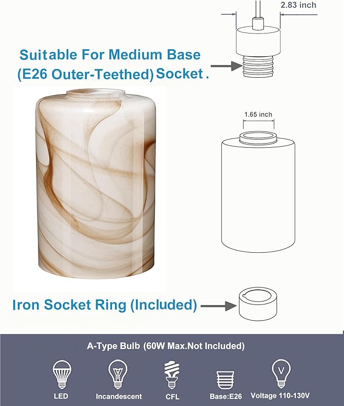3Packs Cylinder Glass LampShade for Wall Sconce Mini Pendant Ceiling Fan Light 1.65in fitter Art Glass Light Cover Replacement Fixture for bathroom,Table Lamp kitchen Chandelier (Brown Marble-4P)