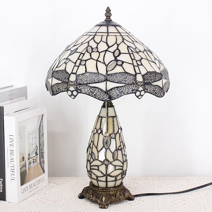 Tiffany Lamp Stained Glass Table Lamp 12X19 Inches Mother Daughter Vase Desk Accent Night Light for Bedroom Bedside Reading Home Antique Style (Ream Color)