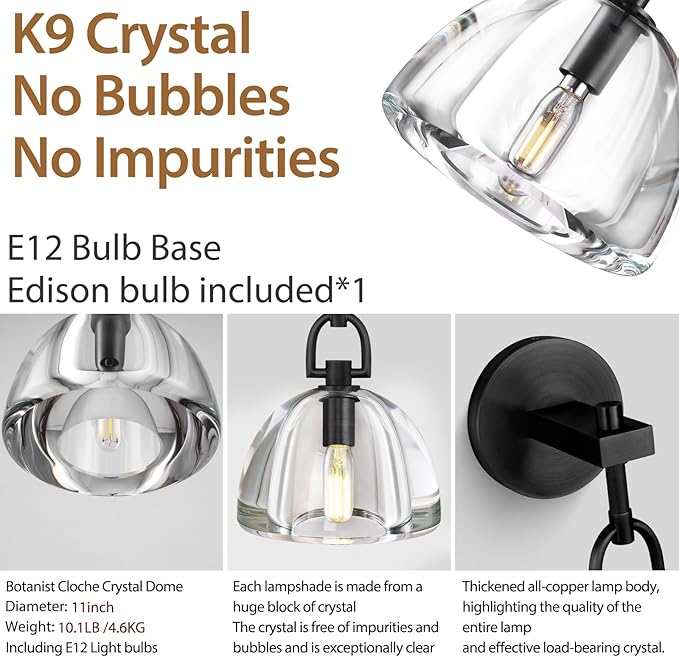 Modern Crystal Dome Wall Sconce,Black Bathroom Wall Sconce,Vanity Sconce Light Fixture for Luxury Bedroom/Living/Hallway/Stairs,ETL Certified,Dimmable LED Included