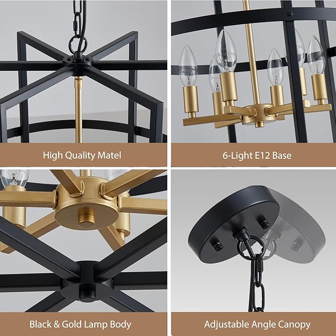 Black Gold Chandelier 6-Light, Modern Dining Room Light Fixture, Industria Geometric Pendant Chandeliers for Living Room Kitchen Bedroom Hallway, Metal Hanging Ceiling Lamp