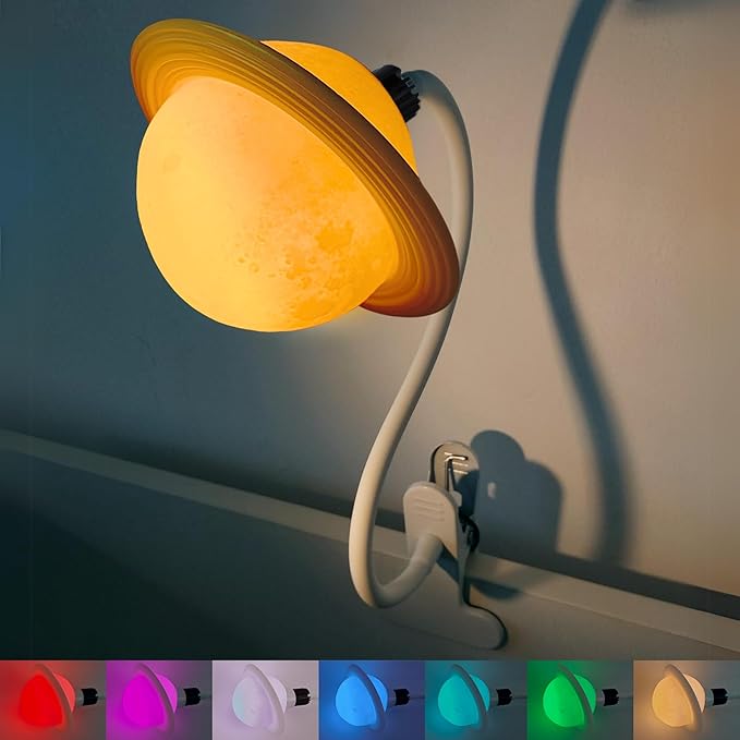 Saturn Clip On Lamp Nightlight for Kids Room - Dimmable Clip On LED Light with Detachable Head - Newborn Night Light for Boys & Girls - Breastfeeding Night Light with 7 Colors & 6 Brightness Levels