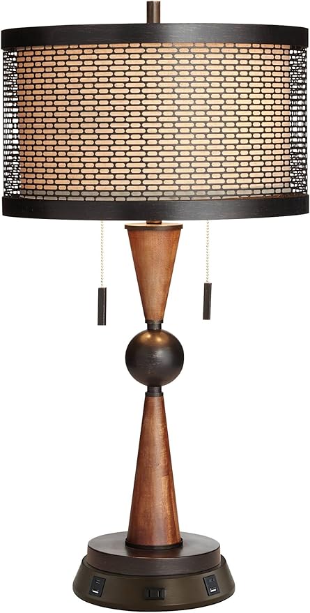Franklin Iron Works Hunter Rustic Farmhouse Table Lamp with USB and AC Power Outlet Workstation Charging Base 28.75" Tall Bronze Cherry Wood Double Drum Shade for Living Room Bedroom House Bedside