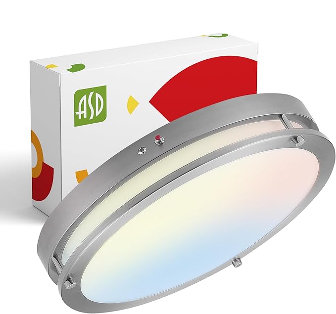 ASD LED 16" Round Flush Mount Lighting, Close to Ceiling Light Fixture | 3CCT, Dimmable, Battery Backup, ETL Listed | 24W 2150LM 3000-5000K 100-277V | Low Profile Double Ring Lamp | Nickel