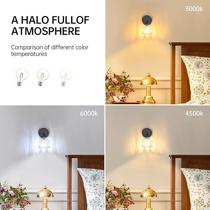 Vintage Wall Sconce with Cute Transparent Tulip Glass Lampshade 180 Degree Adjustable Black Sconce Hradwired Modern Wall Lighting Fixture with Switch for Bedside Bedroom Doorway