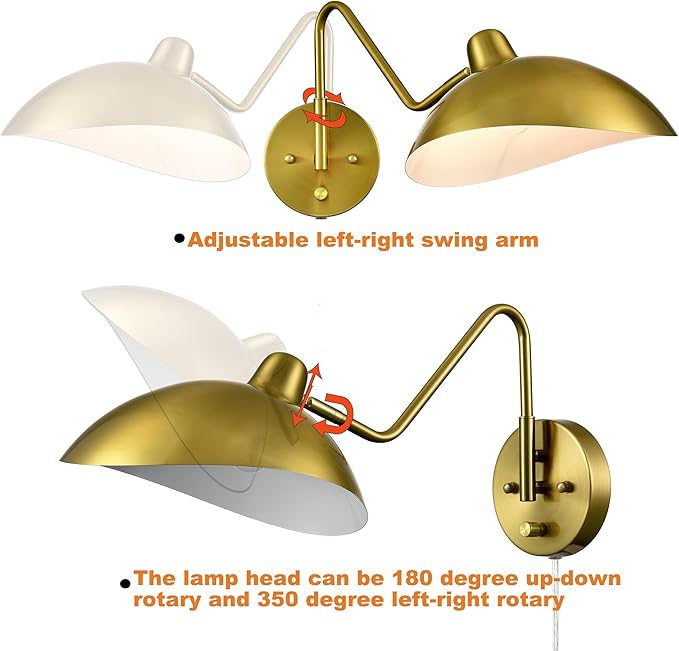 Plug-in Wall Sconce Gold Swing Arm Wall Sconce Brass Wall Lamp with on/Off Switch for Bedroom Set of 2