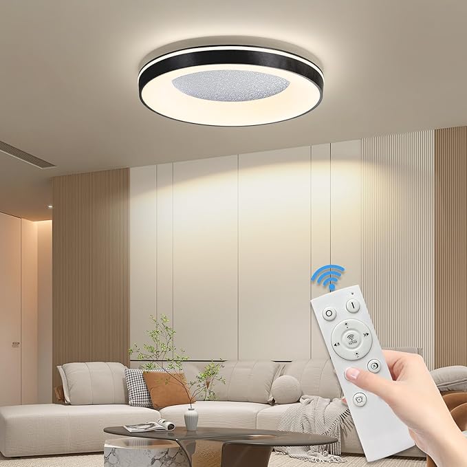 LED Flush Ceiling Light, 19in Black Round Ceiling Light Dimmable 3000K/4500K/6500K Color Recessed Lamp for Living Room, Bedroom, Office,Hallway