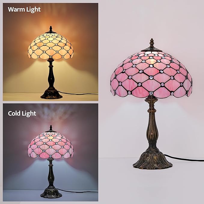 Tiffany Lamp Vintage Pink Stained Glass Bead Table Lamp Desk Bedside Reading Light Decor Bedroom Living Room Home Office D12*H18 Inches