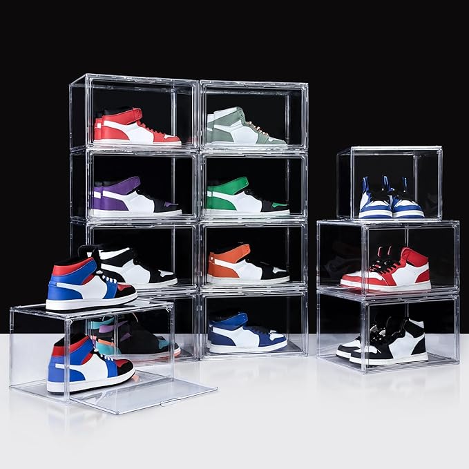 NYZE 12 Pack Acrylic Shoe Boxes Side Open, Clear Shoe Box Plastic Stackable, Shoe Storage Organizer with Magnetic Door, Shoe Display Shoe Containers with Lids Fits Up to Size 15