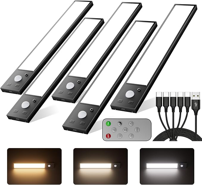 5Pack Motion Sensor Under Cabinet Lighting Wireless,8 inch Magnetic Dimmable Under Counter Lights for Kitchen,Motion Activated Under Cabinet Lights,3 Color Dimmable Under Cabinet Lighting with Remote