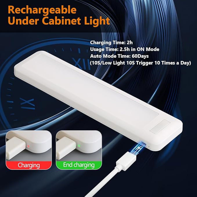 Dawnrise Under Cabinet Lights, 7.8 inch Motion Sensor Closet Light Indoor with Hook, Rechargeable Portable Lighting for Kitchen, Wardrobe, Closet, Bedroom, Cabinet, Storage Room, Utility Room (6000K)