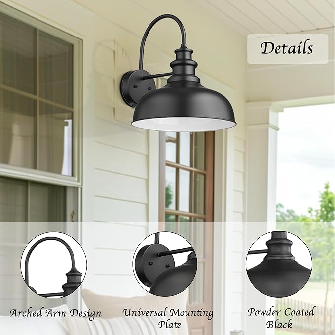 Bestshared 14 Inch Dome Farmhouse Barn Light, Anti-Rust Wall Sconce, Farmhouse Wall Mount Light Fixture, Exterior Lighting Fixture,Front Door Lantern for Porch,Garage,Patio (Black+White,14”Dome-2Pack)