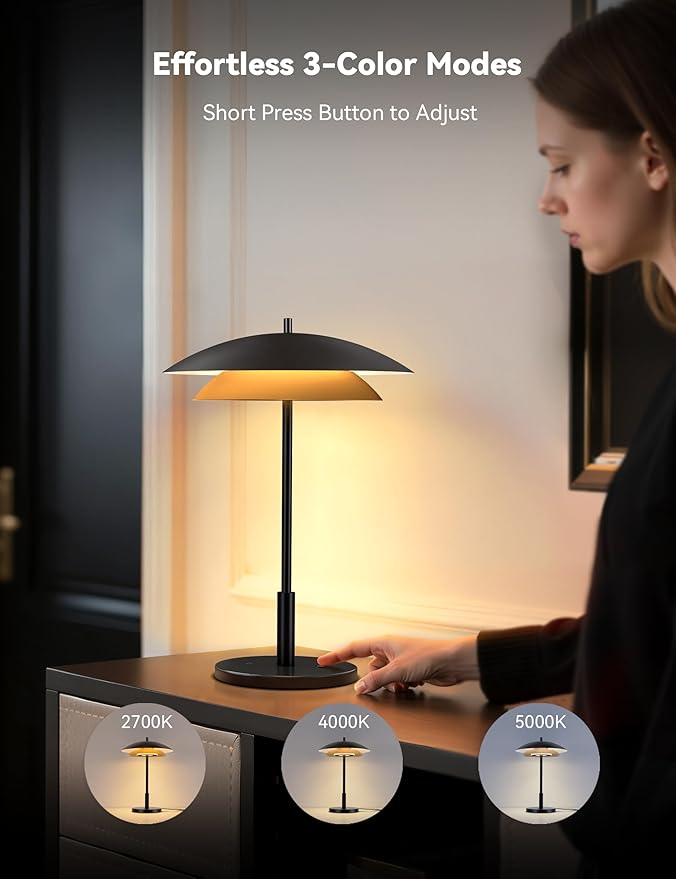 Tubicen Black and Gold Table Lamp with Charging Port Dual-Layer Modern Industrial Nightstand Lamp 18W 2700K-5000K Stepless Dimmable Bedside Desk Touch Lamp for Living Room Bedroom Office 15.7" H