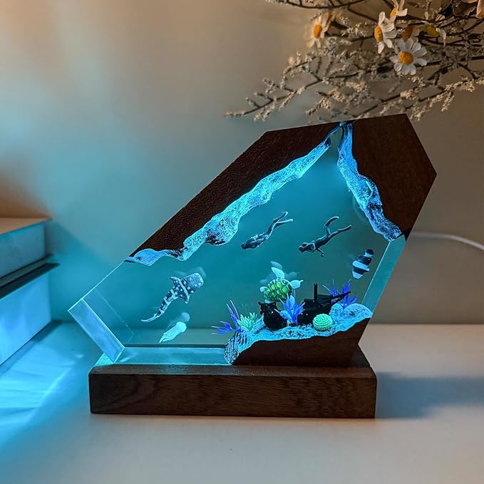 Whale Shark Ocean Resin Lamp - Handmade Resin Night Light with USB Port, Variable Lights, Scuba Diver Gifts, Ocean and Diving Enthusiast Collectibles, Unique Birthday Gifts for Him & Her (10"x6")