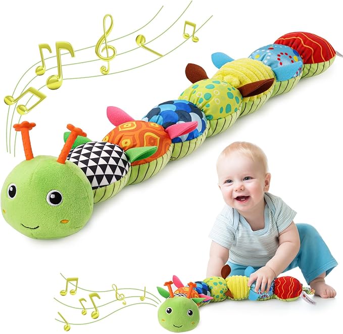 Baby Toys 0 to 12 Months, Musical Stuffed Animal Activity Soft Toys with Multi-Sensory Crinkle, Rattle and Textures, Infant Tummy Time Toys for Newborn Boys Girls, Caterpillar, Green