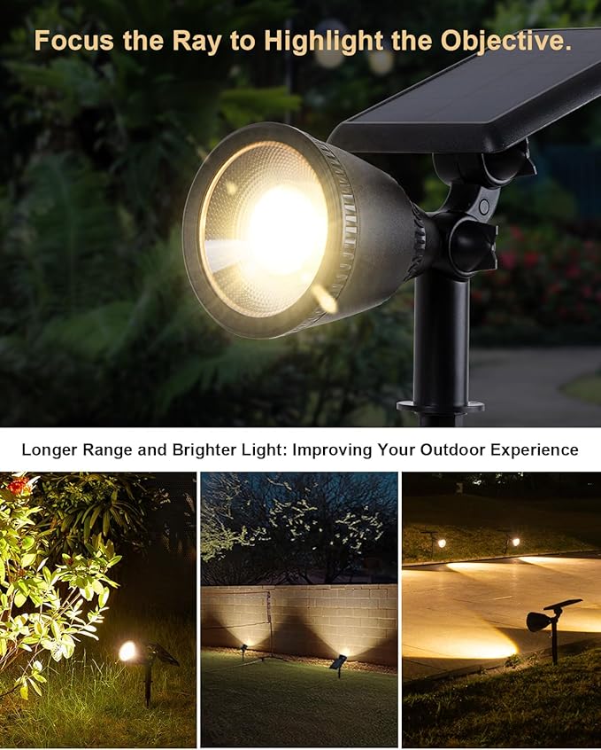 2 Pack Outdoor Solar Powered Spot Lights Waterproof Bright LED Spotlights Outside Uplighting for Yard Flag, Tree, Lawn, Garden, Backyard, House, Driveway, Super Focused Lens Spotlights, Warm White