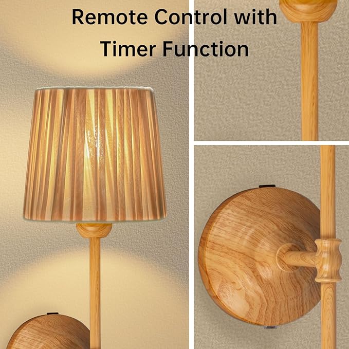Wall Sconces Set of 2, Wood Grain Fabric Shade Wall Lights with Touch & Remote Control, Plug-in Dimmable Wall Lamps, 3 Color Temps for Bedroom, Living Room, Hallway
