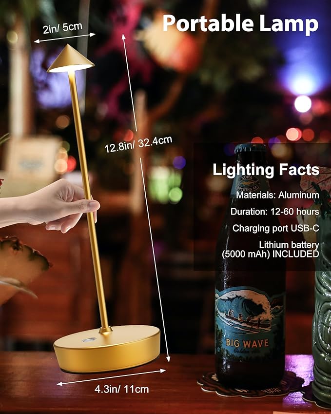 Cordless Table Lamps Rechargeable, 6000mAh Battery Operated LED Desk Lamp Outdoor Waterproof Portable Touch Dimmable Table Night Light for Patio Restaurant Dining Home Gold