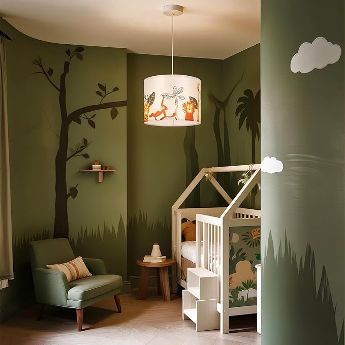 Drum Lamp Shades Set of 2,13"Decorative Fabric Lampshades for Table Lamps,Floor Lamps and Chandeliers,Replacement Light Shades with Cute Jungle Animal Print for Kids Room,Spider Fitter, Fits E26 Bulbs