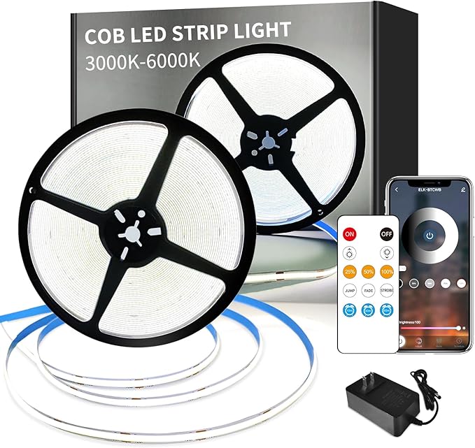 COB LED Strip Lights 6000K 65.6ft DC 24V Dimmable White Flexible LED Tape Light for Bedroom, with Remote and app Control LED Tape Lights CRI90+,forLiving Room, Shelf, Cabinet Home Decoration