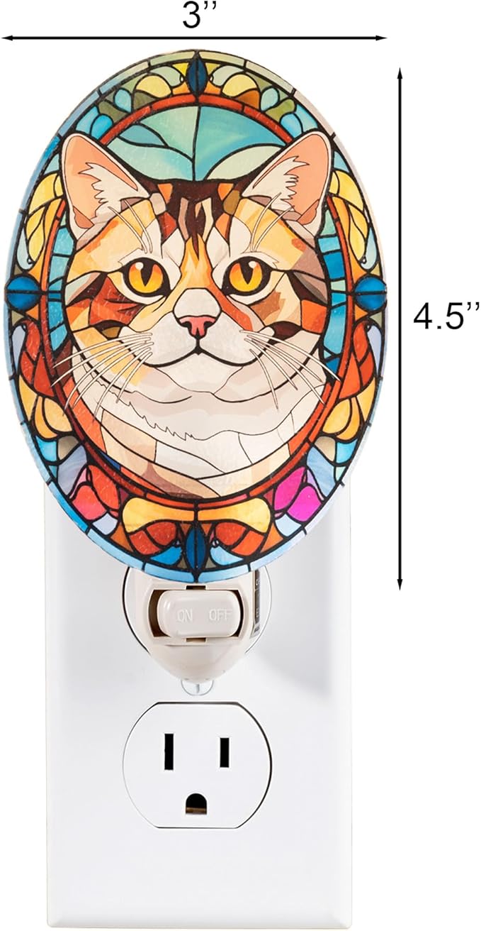 Persian Cat Stained Glass Styled Cat Night Light, Real Glass Plug-in Night Light with Vertical Outlet and On/Off Switch for Bedroom, Bathroom, Hallway, Home Decor